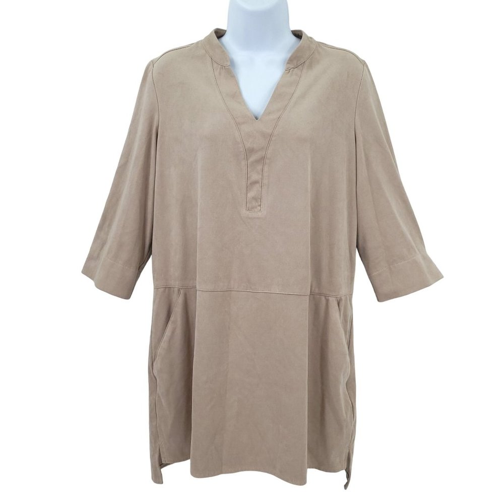 Conrad C Collection Womens Tunic Top Faux Suede Size 10 Taupe Pockets V-Neck